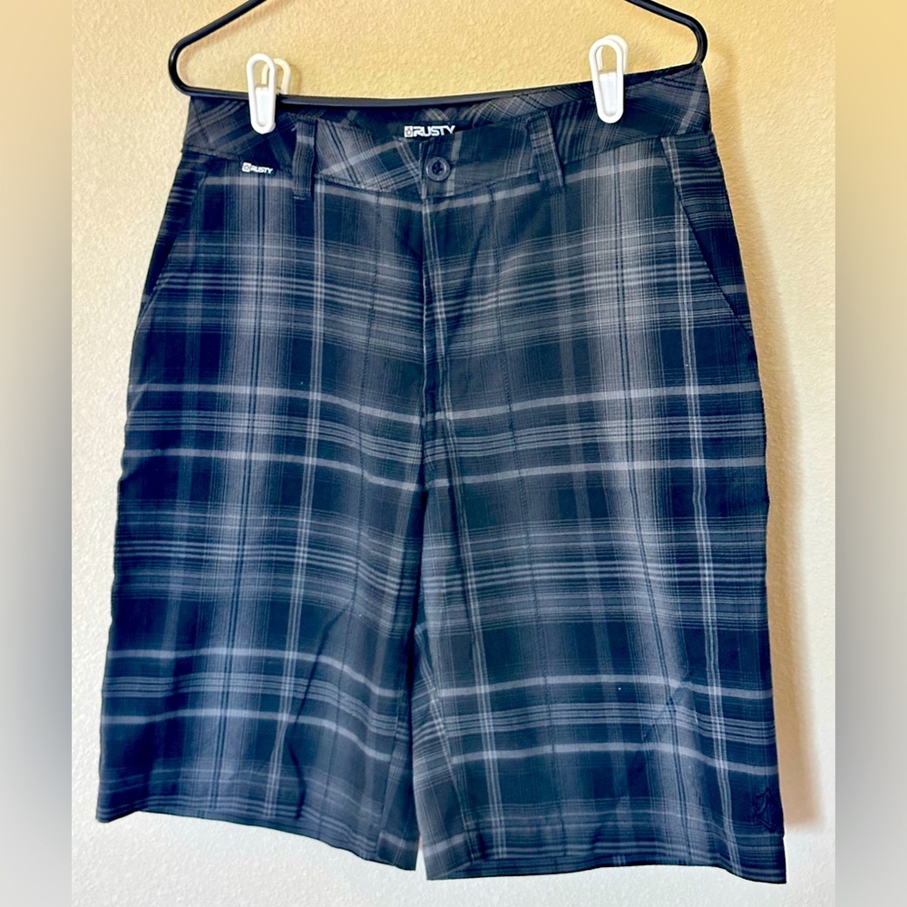 Rusty Men's Black & Gray Plaid Skater Shorts 32” Waist